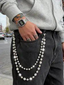 Men's Pearl & Crystal Pant Chain | Double Layered Bling Jeans Accessory for Streetwear Unisex Hip-Hop Wallet Chain for Guys PantChain MensStreetStyle