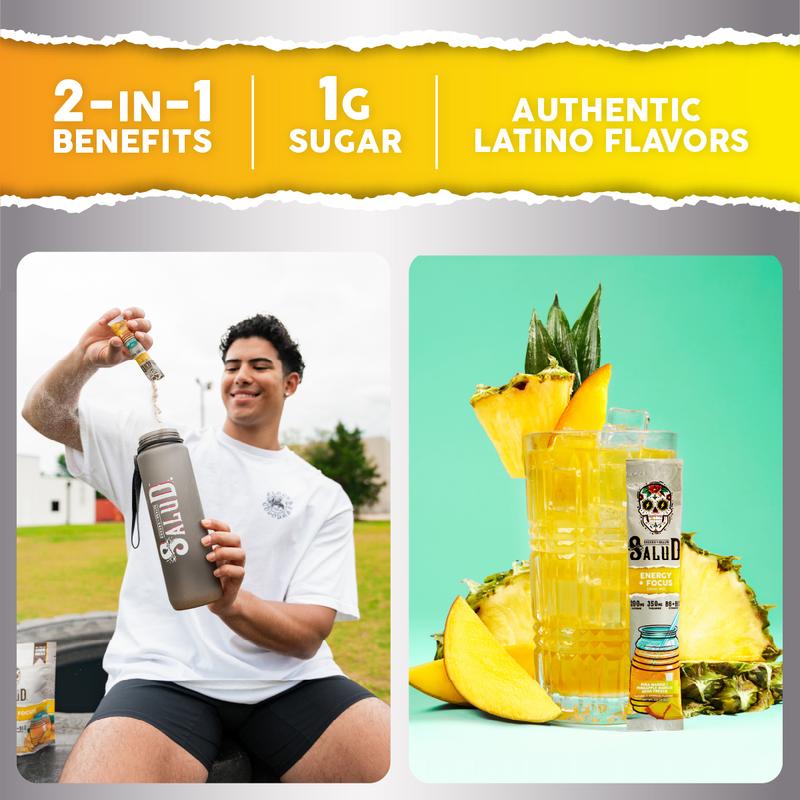 Salud 2-in-1 Energy Drink Powder + Focus  – Piña Mango Flavor – Agua Fresca Mix with 200mg Organic Caffeine, 350mg L-Theanine, Vitamins B6 & B12, Non-GMO, Gluten Free, 15 Servings - Dietary, Healthcare