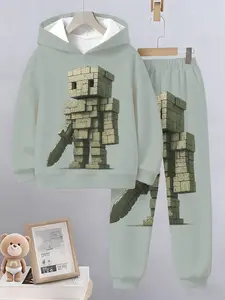 Minecraft Style Hoodie Set for Kids, Stone Block Design, Sword Decoration, Casual Fitted Short Pants, All Seasons Wear