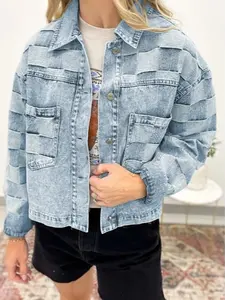 Beau Blue Denim Checkered Pattern Patchwork Denim Jacket