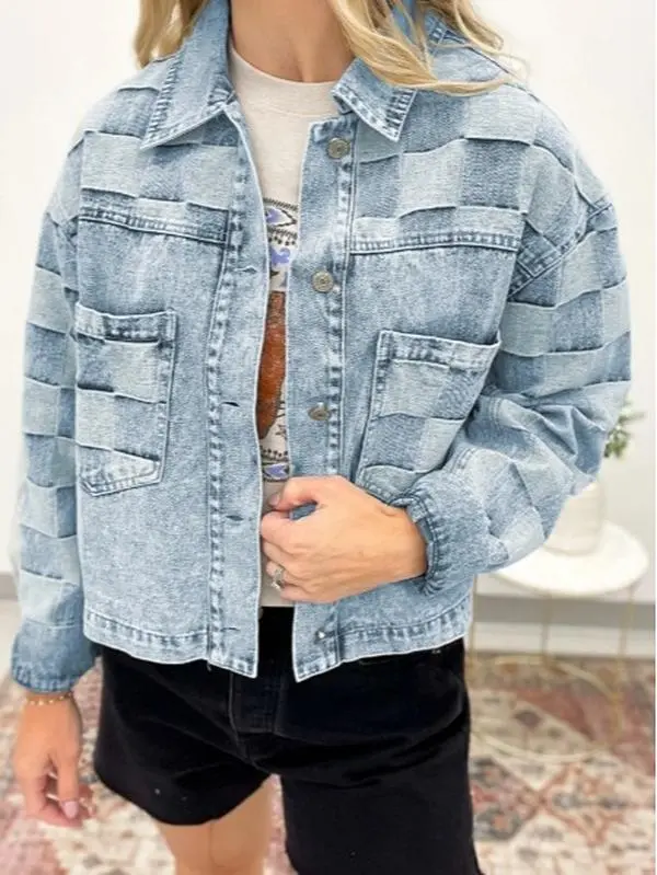 Beau Blue Denim Checkered Pattern Patchwork Denim Jacket