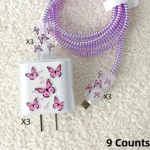 9 Counts Set, Rose Floral Butterfly Design, Compatible with Apple 20w & 18w Fast Cellphone Charger, Tpu Charger & Cable Protector Sleeve
