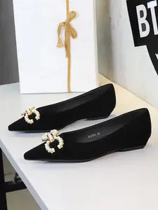 Women's French Style Pointed Toe Slip-On Shoes, Metal Buckle Velour Material, Comfortable Commuter Ballet Flats, Versatile Fashion Footwear