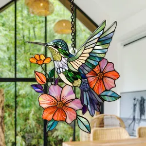 Hummingbird and Flower Acrylic Suncatcher, Bird Window Hanging Gift For Hummingbird Lover, Gift Garden Decor Plant Mom ,Gift For Mom Grandma