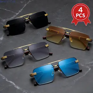 4-Pack Rimless Square Sunglasses for Men and Women, Retro Double Bridge Gold Frame Style UV400 Shades with Wood Texture Temple Detail, Lightweight Fashion Eyewear for Daily Wear, Parties, Travel & Outdoor Use