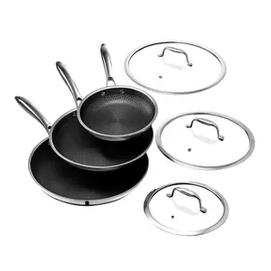 HexClad Hybrid Nonstick 6-Piece Frying Pan Set, 8, 10 and 12-Inch Frying Pans with Tempered Glass Lids, Stay-Cool Handles, Dishwasher and Oven Safe, Induction Ready, Compatible with All Cooktops (PS)