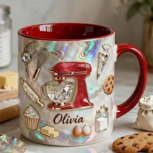 Personalized Baker’s Mug 2D Printed 3D Effect, Custom Name Coffee Cup with Baking Tools Design for Bakers, Pastry Chefs and Baking Lovers, Perfect for Birthdays, Mother’s Day, Holidays, Kitchen Use, Meaningful Gift Idea