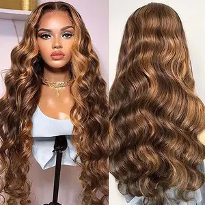 Outlets Deals 200% Density Body Wave Highlight Human Hair Wigs on Clearance Sale 13x4 Lace Front Human Hair Wig Pre-Plucked Natural Hairline HD Transparent Lace Wigs For Women 18-34 inches Omber Highlight 4/27 Colored Wigs