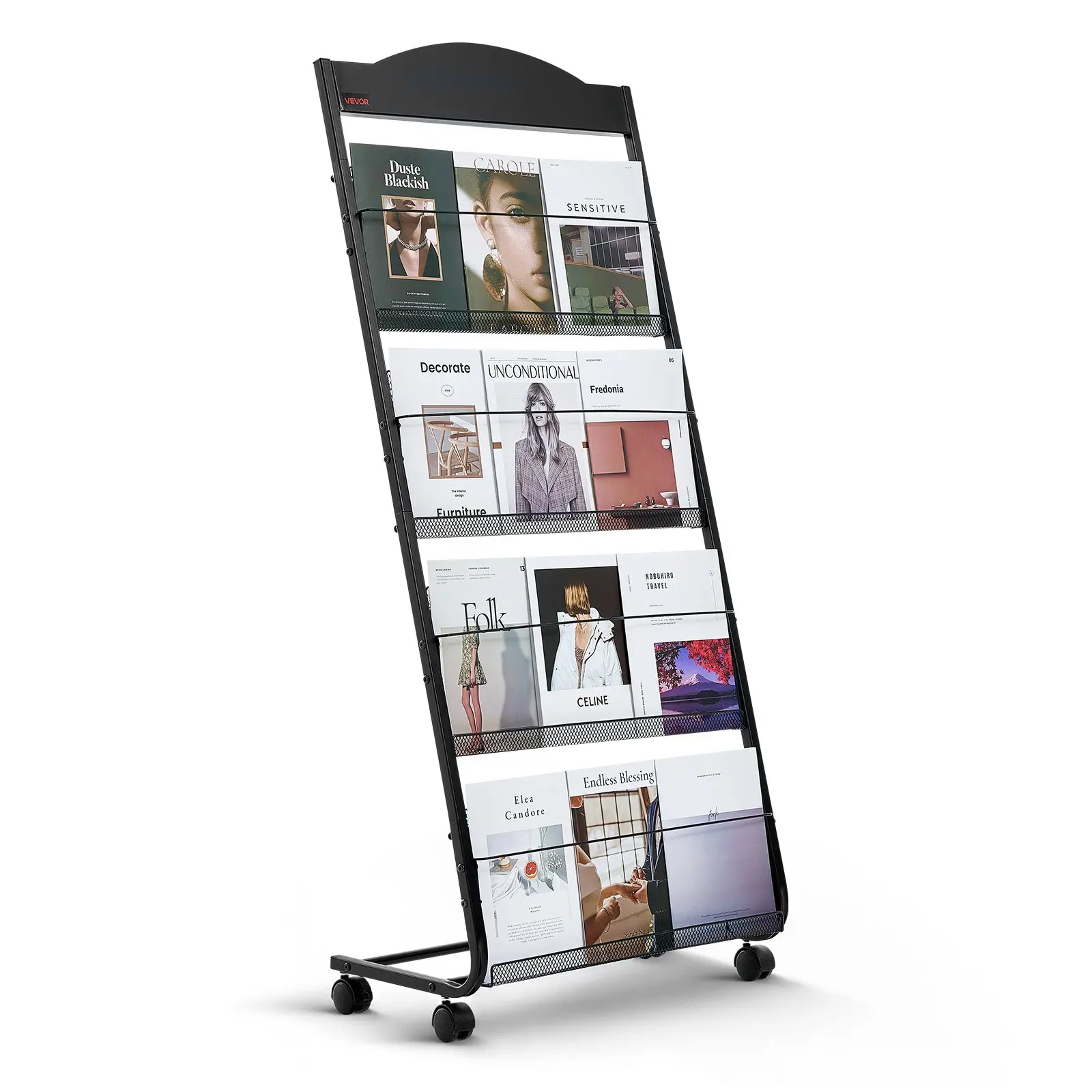 VEVOR Brochure Display Rack Organiser - 4-Tier Floor Stand with Compartments, Casters Brakes, Wheels, Heavy Duty Holders for A4 Docs, Shop Exhibitions Office Use, Floor Stands