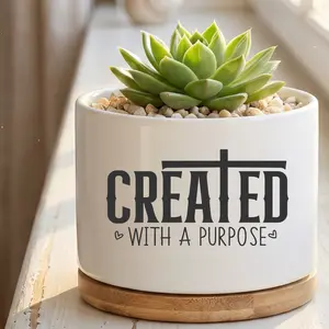 "Created with a Purpose" Religious Ceramic Succulent Planter with Bamboo Tray - Aesthetic Faith White Mini Pot with Cross Design - Decorative Flower Pot for Shelf, Tabletop & Windowsill
