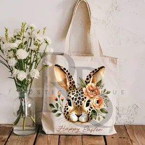 Easter Tote Bag Floral Bunny Cotton Tote Happy Easter Tote