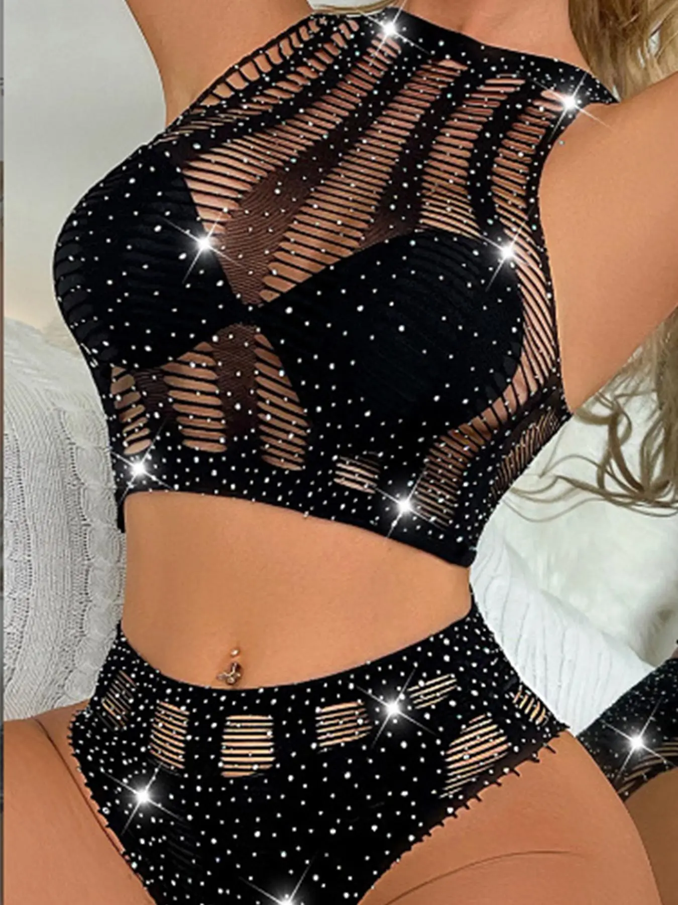 Women's Underwear Set, Hot Press Gold Glitter Stretchy Brazilian Lingerie, Rhinestone Design, Sparkling Mesh, Tight-Fitting Sexy, High Elasticity, Fitted