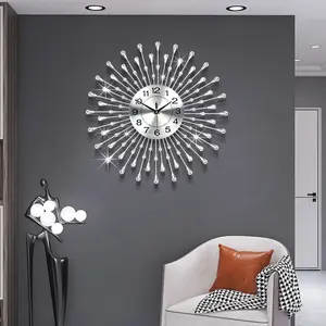 Large Wall Clocks for Living Room Decor Modern Big Silent Wall Clock Battery Operated Quartz for Office Kitchen Bedroom Home 24" Silver Crystal Round Decoration Clock for Indoor