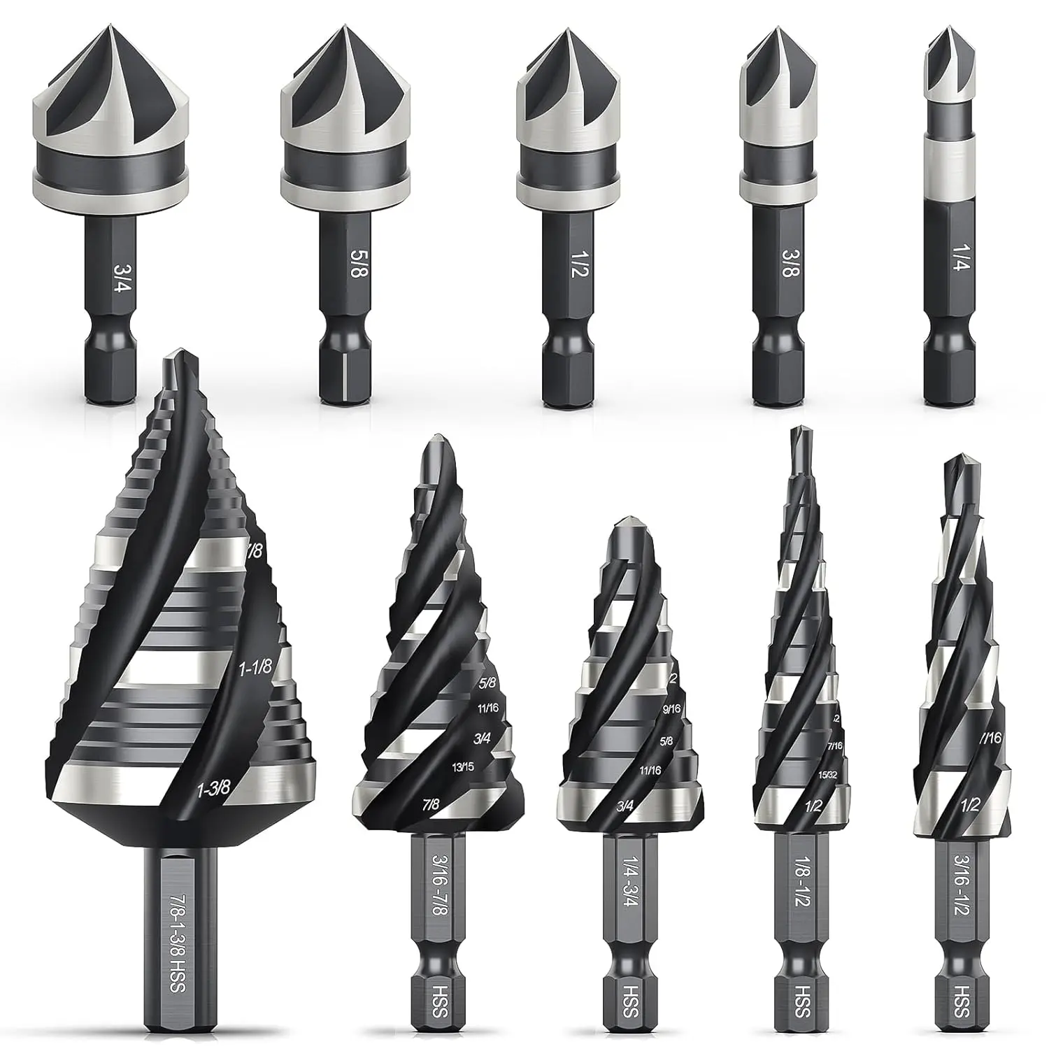 Counted Bit 5 count Four Spiral Flute Step Drill Bit Set & 5 count Countersink ...