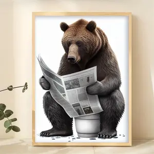 12x16 Inch Frameless Poster: Humorous Bear Reading Newspaper on Toilet, Perfect for Bathroom, Office, or Home Decor