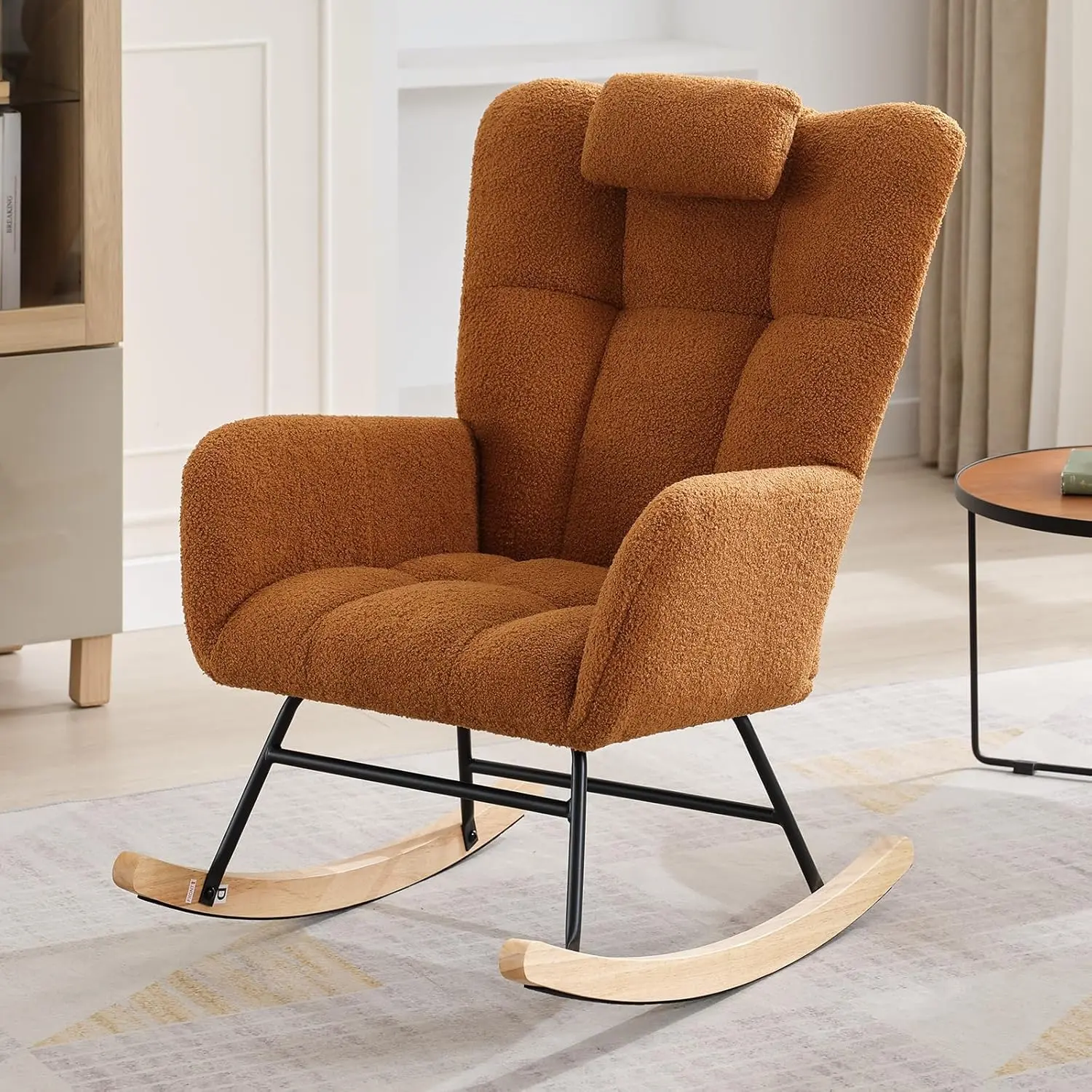 Nursery Rocking Chair - Teddy Upholstered Glider Rocker for Adults, Wood Legs, Two Side Pockets, Padded Seat, for Living Room, Bedroom, Brown