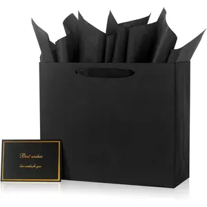 Elegant Black  Bag 11.8"x4.5"x9.8" with Ribbon Handles, Includes Card and Tissue Papers,  for Birthdays, Weddings, Parties, Holidays,  Shower