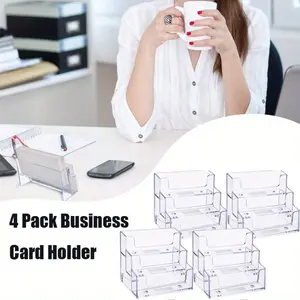 4 Pcs Premium Acrylic Business Card Holders,Transparent, 3-Tier Design for Easy Access - Durable & Large Capacity (180 Cards Capacity) - Ideal for Business Card Organizer Storage Holder Display for Office and Company, Networking & Meetings