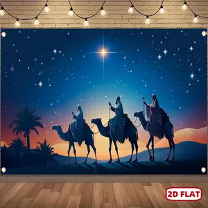 1pc 2D Flat Polyester Christmas Banner - Traditional Holy Journey with 3 Wise Persons Design, Festive Home Wall Decoration, Indoor-Outdoor Epiphany & Birthday Party Ornament, Studio Photo Booth Prop