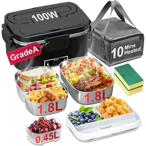 Box for Adults - 2 Pack 1.8L Container 100W Heated Box for Men Fast Heating Food Heater with ON/OFF Switch, 0.6L Compartment Lid for Car, Truck, Office (12V/24V/110V)