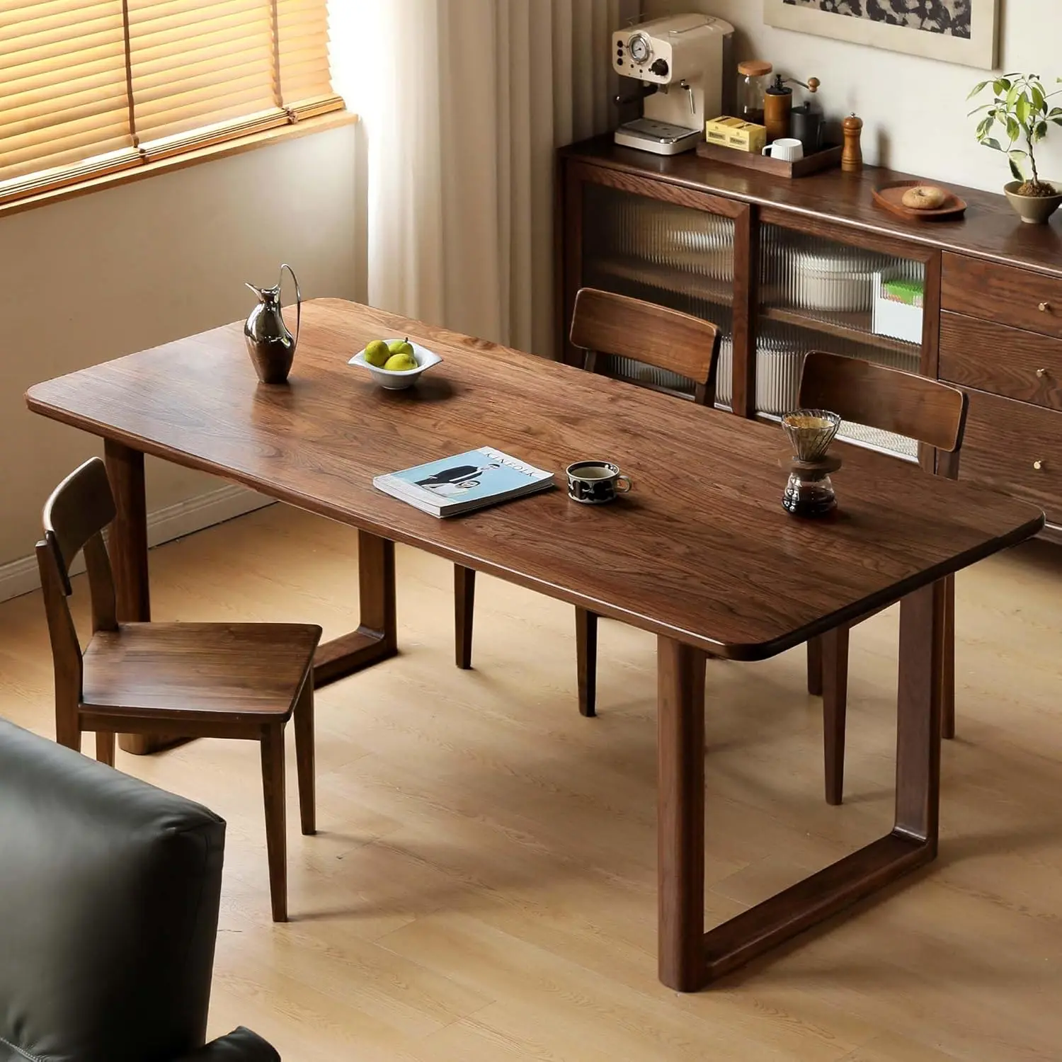 Wayshome 100% Solid wood Farmhouse Dining Table, Solid Wood Long Kitchen Table with Large Tabletop, Modern Rectangular Dinner Table for Dining Room, Living Room, Study, Walnut & Black