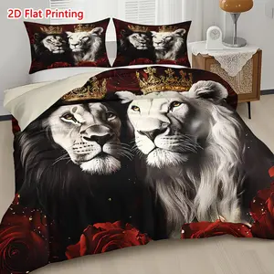 2D Flat Printing 3 Piece Set Regal black and white lion couple crowned Prints Art Print Quilt Set Decorative Bedding Set - Includes 1 Duvet Cover and 2 Pillowcases (filling Not Included), Breathable and Soft, Polyester, Suitable for All Seasons