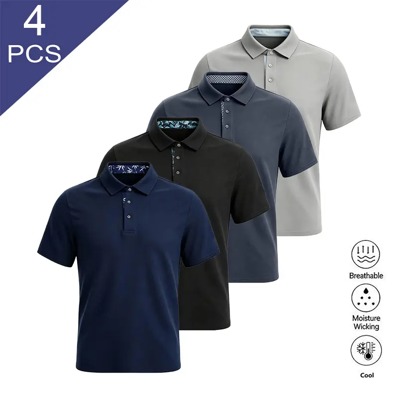 Echo Attire 4-pack men’s solid-color stretch polo shirts—casual, comfortable stretch fabric with a printed collar design; suitable for everyday wear, outdoor sports, golf, work, travel, and more.