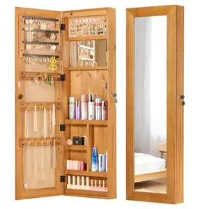 47.5*14.3*4 Inch Wall & Door Mounted Jewelry Armoire Full Length Mirror Auto LED Light Lockable Solid Wood Jewelry Storage Cabinet with Ring Cushion Bracelet Bar Necklace Hooks Earring Slots