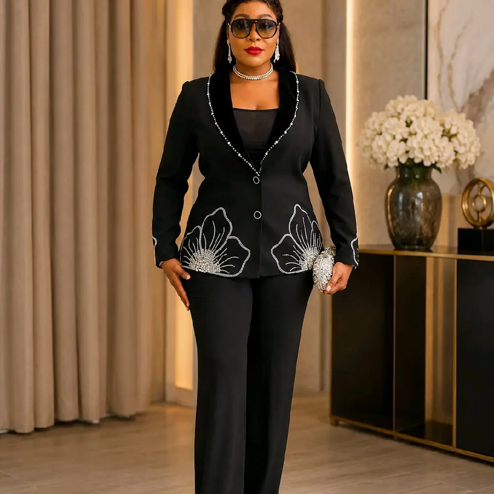 Elegant Black 2-piece Suit Set.  Wide-leg pant. for graduation, Dinner, Wedding  Outfits