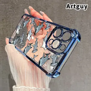 Shark Symphony Pattern Four Corner Anti-Fall Phone Case Transparent Electroplated Protective Cover for iPhone 17 Pro Max Air 16 15 Plus 14 13 12 11 E