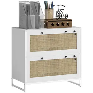 Vinsetto 2 Rattan Drawer File Cabinet with Lock, Lateral Filing Cabinet with Adjustable Hanging Bar for Letter, A4 and Legal Size Files, Printer Stand for Home Office, Black