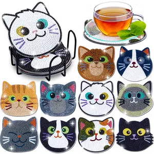 10 Pcs Diamond Painting Coasters,Cat Theme Diamond Art Coasters Painting Kits for Youngers Adult Dots,Arts and Crafts DIY Kits for Valentine's Day,Christmas Party Gifts,Hand Tools Kits