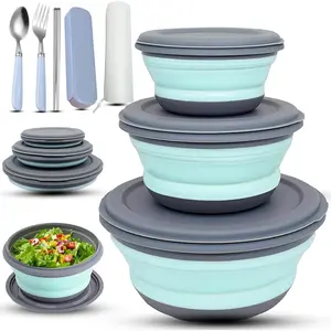 3 PCS Food Grade Silicone Collapsible Bowl Lunch Box Salad Bowl with Lid,Expandable Food Storage Containers Set with Folding Tableware and Storage Bag (Blue) gift