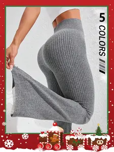 Women's High Waisted Tummy Control Flare Pants, Seamless Knit Butt Lifting Slim Fit Casual Leggings, Sporty Style for Gym Yoga Home Wear, Athletic Leggings, Solid Flare Leggings