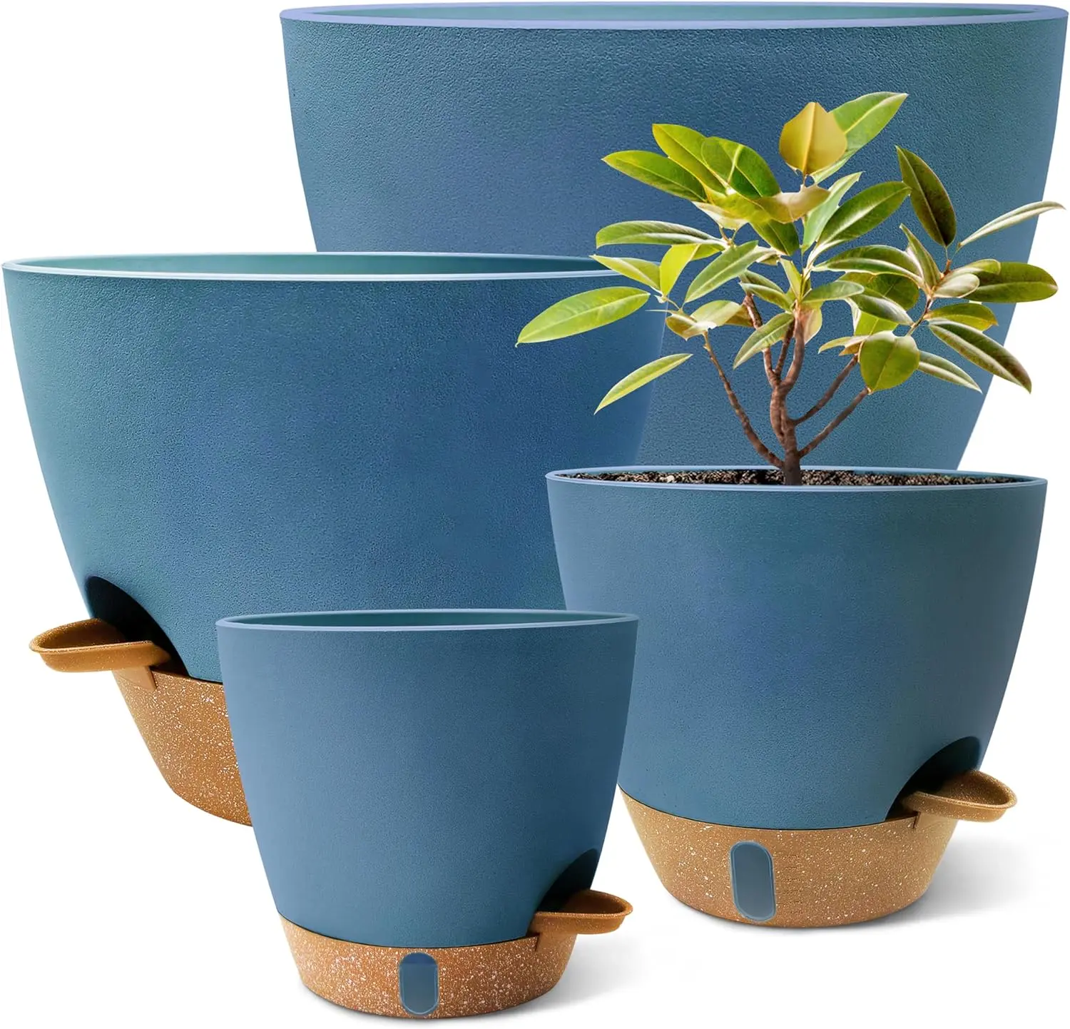 12"/10"/9"/8" Self Watering Pots with Visual Water Window,Extra Large Self Watering Plant Pots with Drainage Holes & Saucers,Blue Planters for Indoor Plants,4-Pack MNKXL