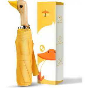 Compact Small Umbrellas for Rain&Sun, Cute Design Duck Head Umbrella for Girls Gifts, 8 Ribs Folding Umbrella with Wooden Handle