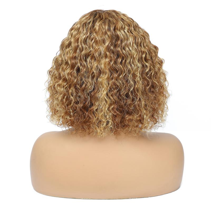[Jerru Curly Wig] Jerru Curly Wig - 180% Density Highlight Curly Bob Wig With Bangs - Human Hair, Short, Kinky Curly, 4/27 Brown Honey Blonde Afro Curly Wigs For Black Women