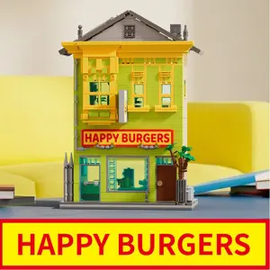 1222PCS Happy Burger Shop Building Brick Toys MOC Street View Blocks House Model Sets DIY Educational Toy Gifts For Holiday Birthday