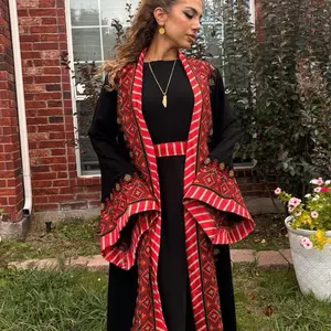 Red and Black Two Piece Traditional Thobe with Embroidered Details
