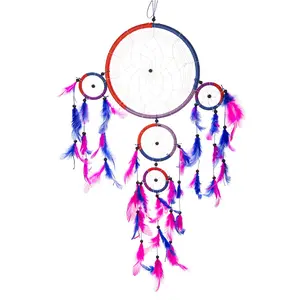 24" Traditional Blue & Magenta Dream Catcher with Feathers Wall or Car Hanging Ornament Five Circles