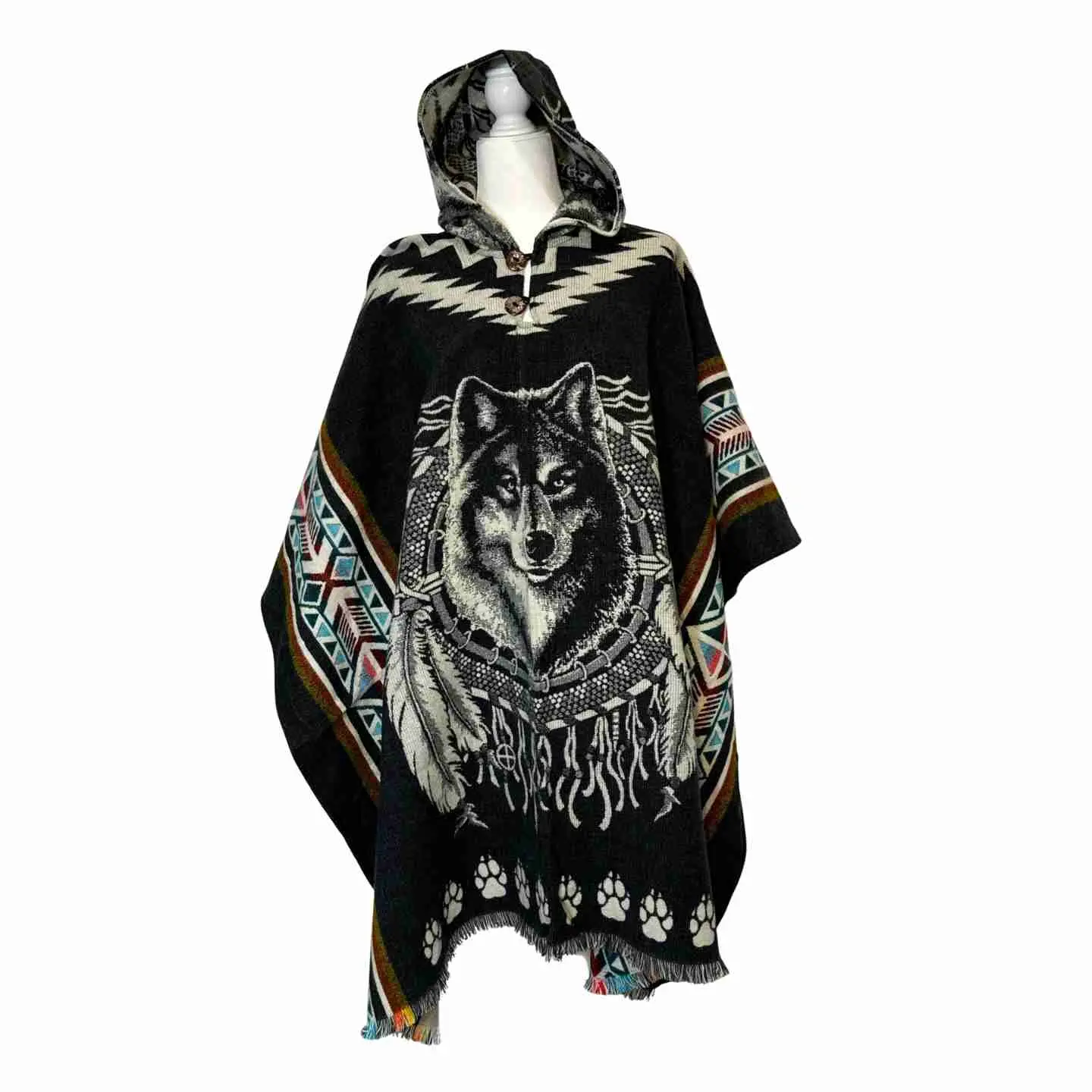 Wolf Hooded Poncho Boho Tribal Cape with Wolf Design Cozy Festival Poncho Ethically Made Soft Durable Fabric Button Closure One Size Fits Most Unisex