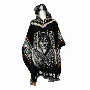 Wolf Hooded Poncho Boho Tribal Cape with Wolf Design Cozy Festival Poncho Ethically Made Soft Durable Fabric Button Closure One Size Fits Most Unisex