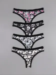 Morvia Sexy Cute Gothic Halloween Women Contrast Lace Thongs, Allover Print Comfy Intimates Panties, Women's Underwear & Lingerie