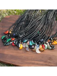 10Pcs Natural Crystal Moon Shape Pendant Necklace Set Chakra Stone Quartz Crescent Necklace with Black Leather Cord for DIY Jewelry Making Moon Star Theme Festival Party Gift (5 Pendants 5 Chains) Moon Goddess Pendant