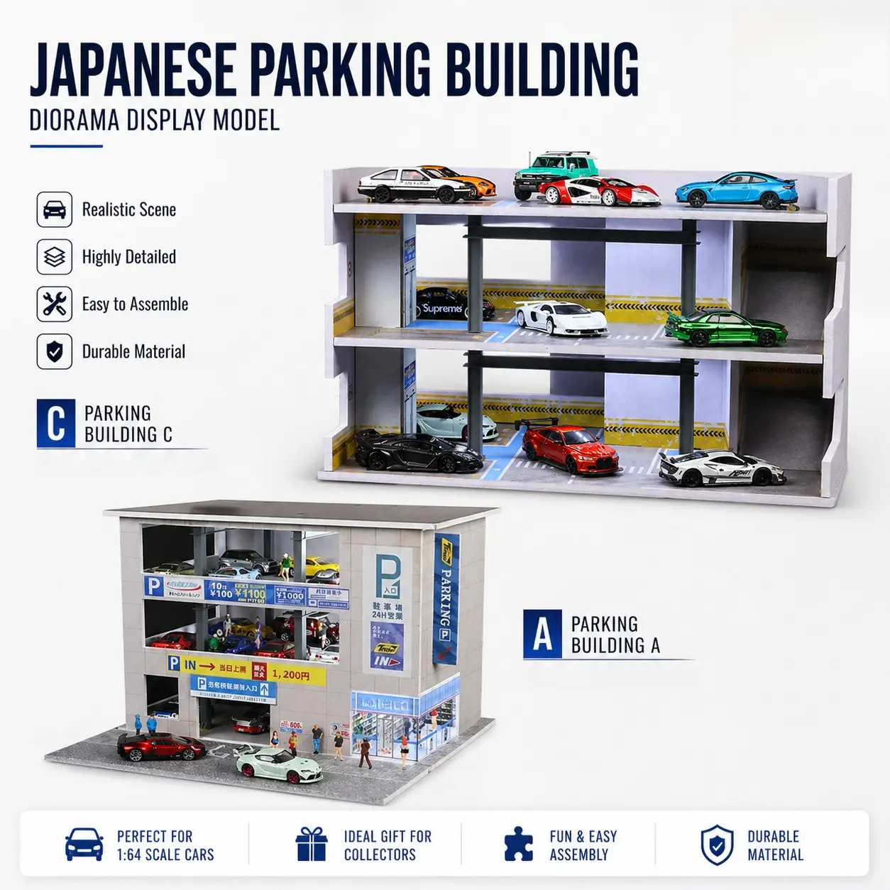 Japanese-Style Building Scene Model LED Lighting Multi-story Multi-space Parking Garage JDM Style City Street Bakery Shop Restaurants Parking Lot for Diorama 1/64 Scale Model Car Collection Toy Gift Container Display Box Decorative Display, Model Kits, Re