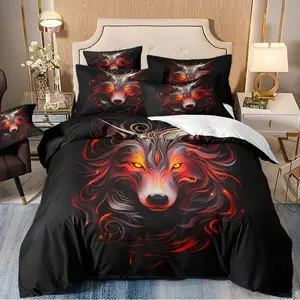 3-piece down duvet cover with flame like wolf pattern, breathable bedding set, machine washable, zippered, suitable for home decoration in bedrooms and guest rooms (1 * down duvet cover 2 * pillowcase, no down duvet core)