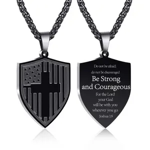 Stainless Steel Shield of God Ephesus 1:9 Cross Jesus Bible Necklace Armor of God Pendant Men's Faith Amulet Jewelry