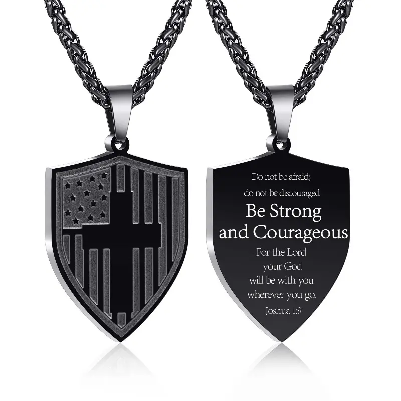 Men's Silver Cross Necklaces, Stainless Steel Shield Pendant with American Flag, Engraved Joshua 1:9 Verse Scripture, Christian Birthday Gift, Crucifix Necklaces, Spiritual Jewelry, Letter, Metal Coating, Casual, Male, Thanksgiving, Inspirational Design,
