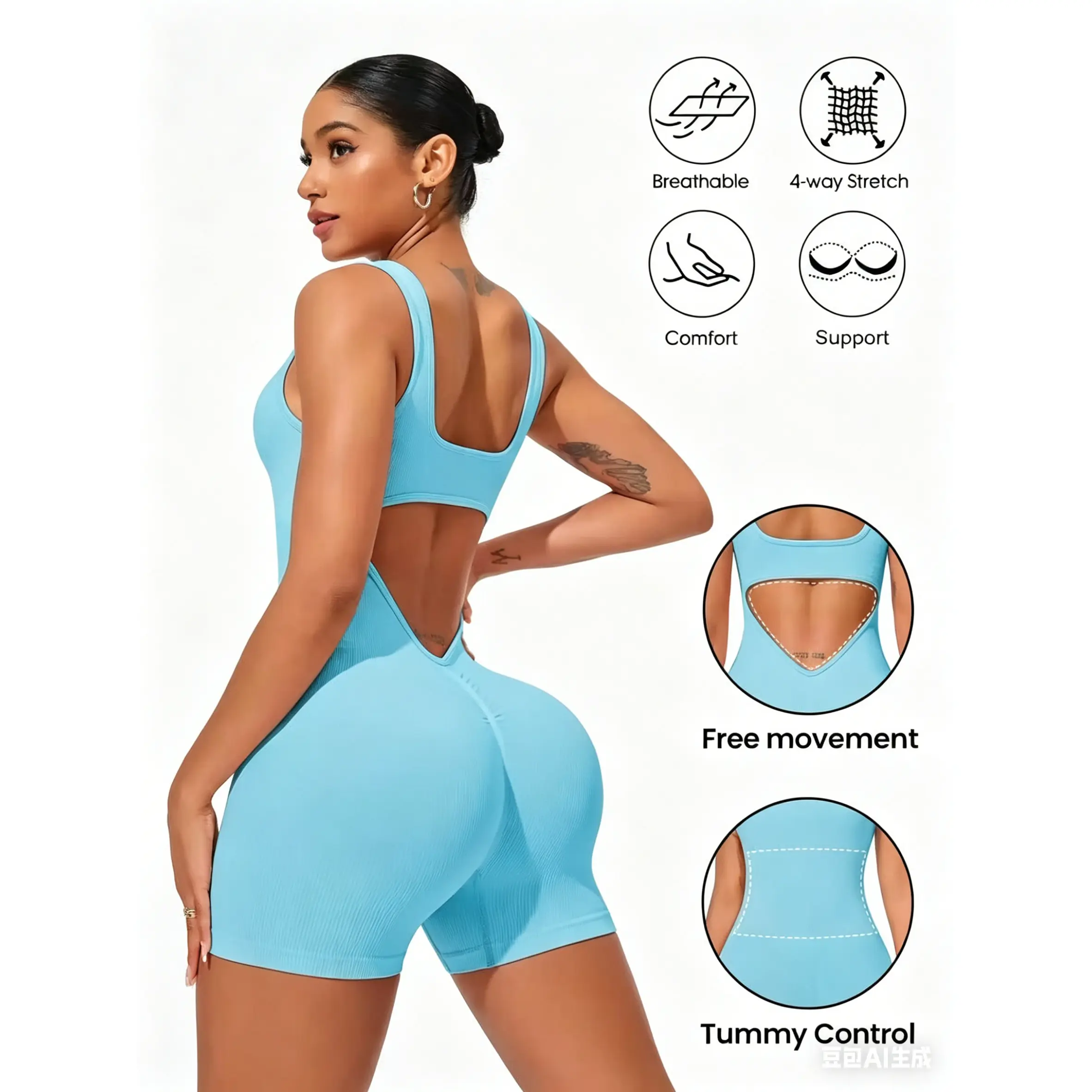 Women's Bodycon Leotard with Tummy Control and Support, 4-Way Stretch Activewear, Shorts Length for Gym Workouts, Fitted, Workout Gym