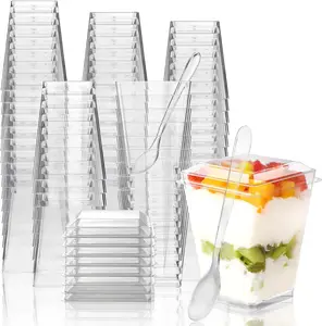 5 Oz 150ml 50 Pack Clear Plastic Dessert Bowls,Disposable Mini Cups,With Lids And Spoons,Fruit Yogurt Pudding Ice Cream,Stackable Lightweight Design,Outdoor Picnic Camping Supplies,Wedding Birthday Party Favors,Christmas Halloween Easter Valentine